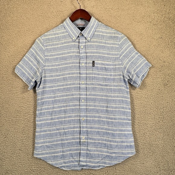Ben‎ Sherman Linen Blend Short Sleeve Mens Shirt Size Medium Blue White Preppy - Picture 1 of 9